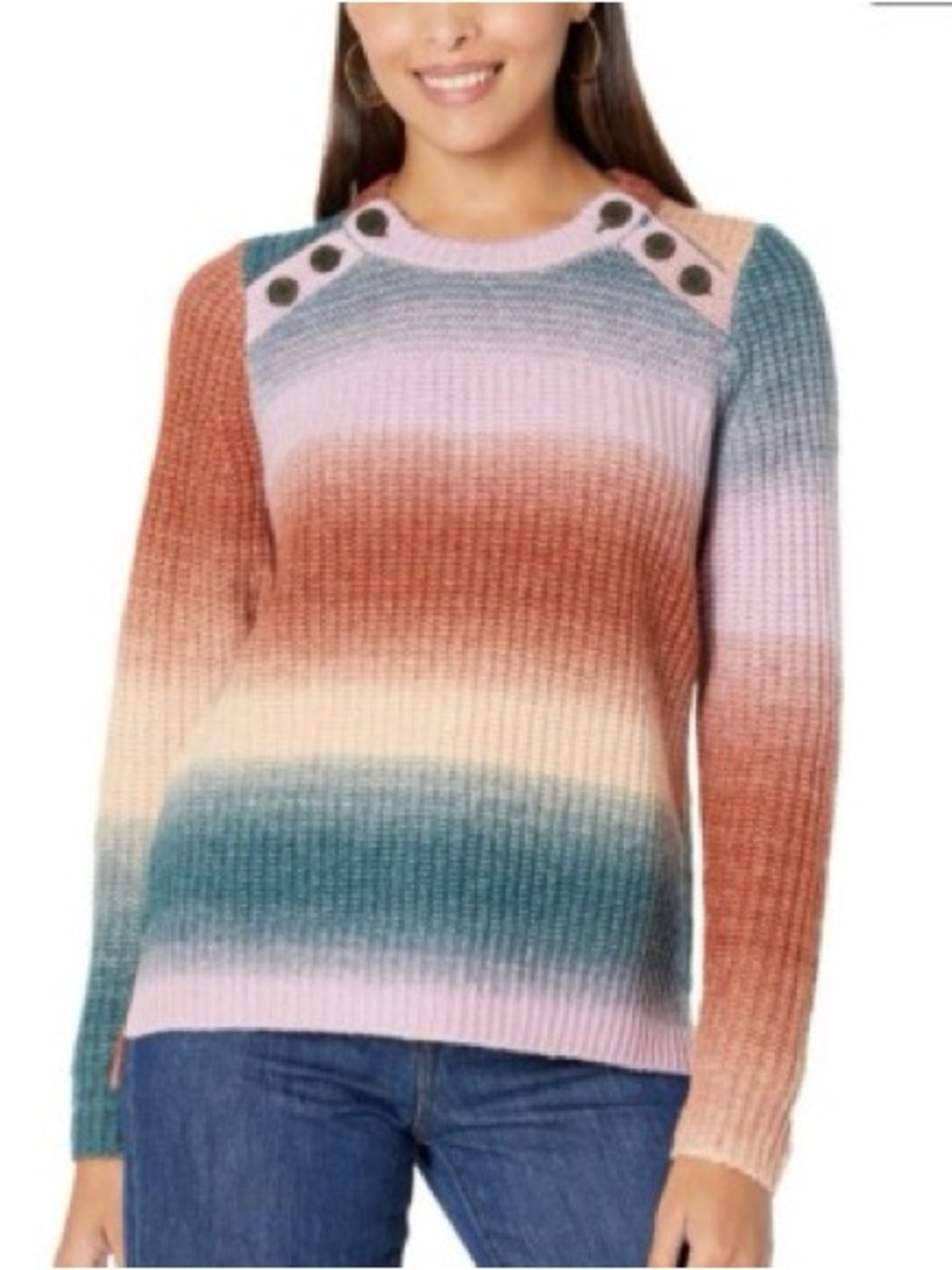 Madewell Multicolor Ombre Ribbed Crew Sweater with Button Accents